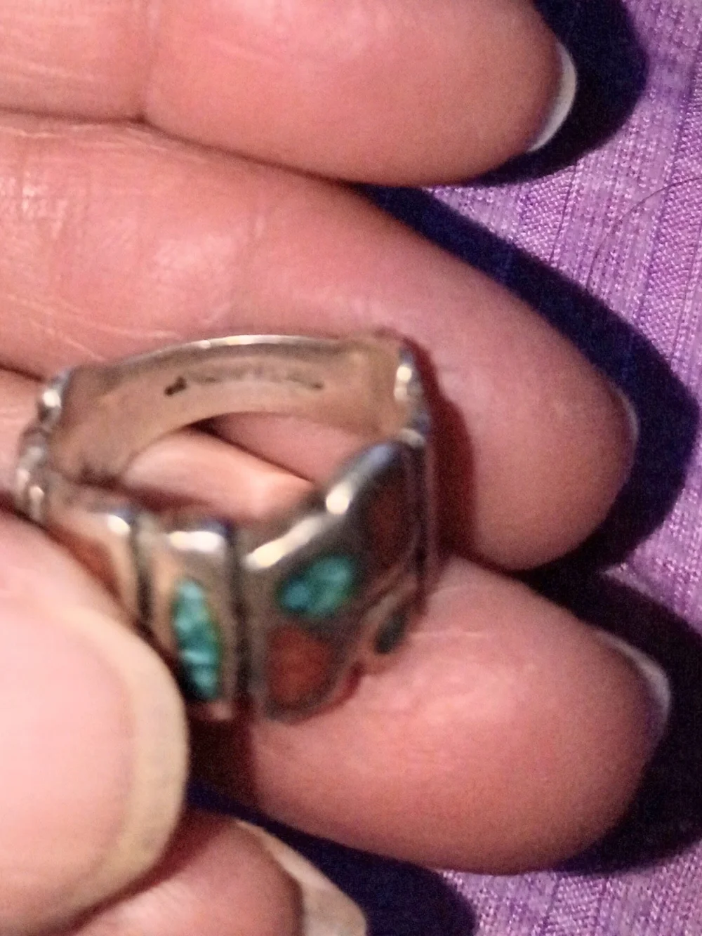 Sterling Silver Turquoise & Coral Inlay Women's Ring